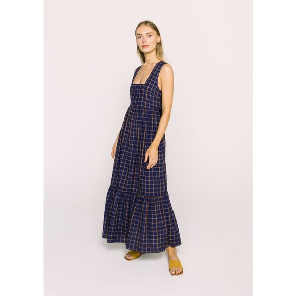 Plaid Navy and Brown Tie-Back Maxi Dress - Picture 4 of 6